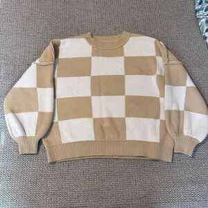Checkered Sweater Womens XL Tan White Crewneck Pullover Acrylic Cozy Knit